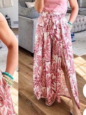 2 Piece Set Pink Leaf Print Maxi Skirt ,Side Slit & knit top😎